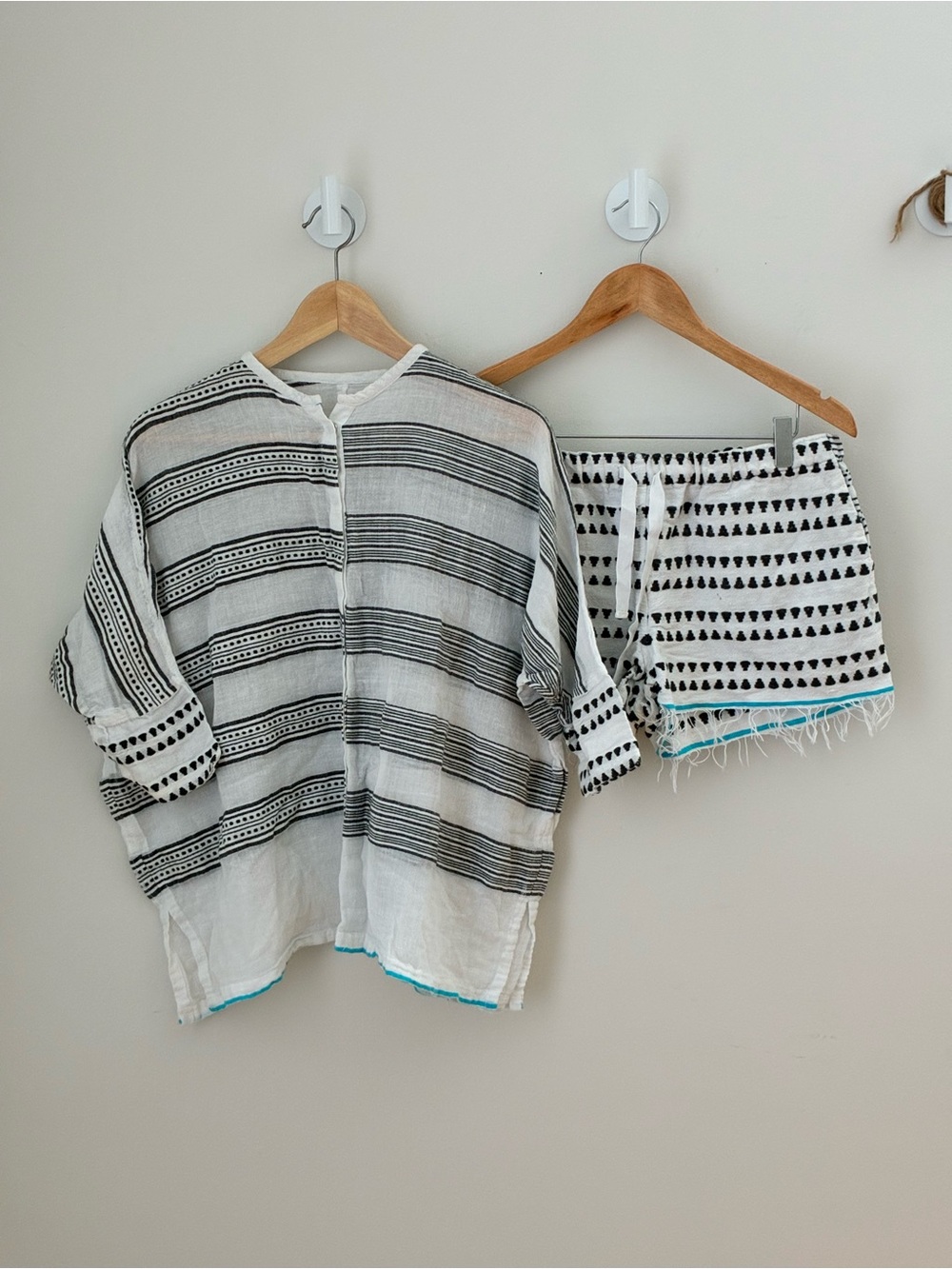 Lemlem Black & White Striped Button-Down Top with Patterned Shorts